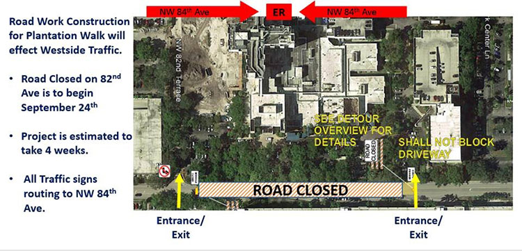 Road work construction for Plantation Walk will affect Westside traffic. Road closed on 82nd Ave is to begin September 24th. Project is estimated to take 4 weeks. All traffic signs routing to NW 84th Ave.
